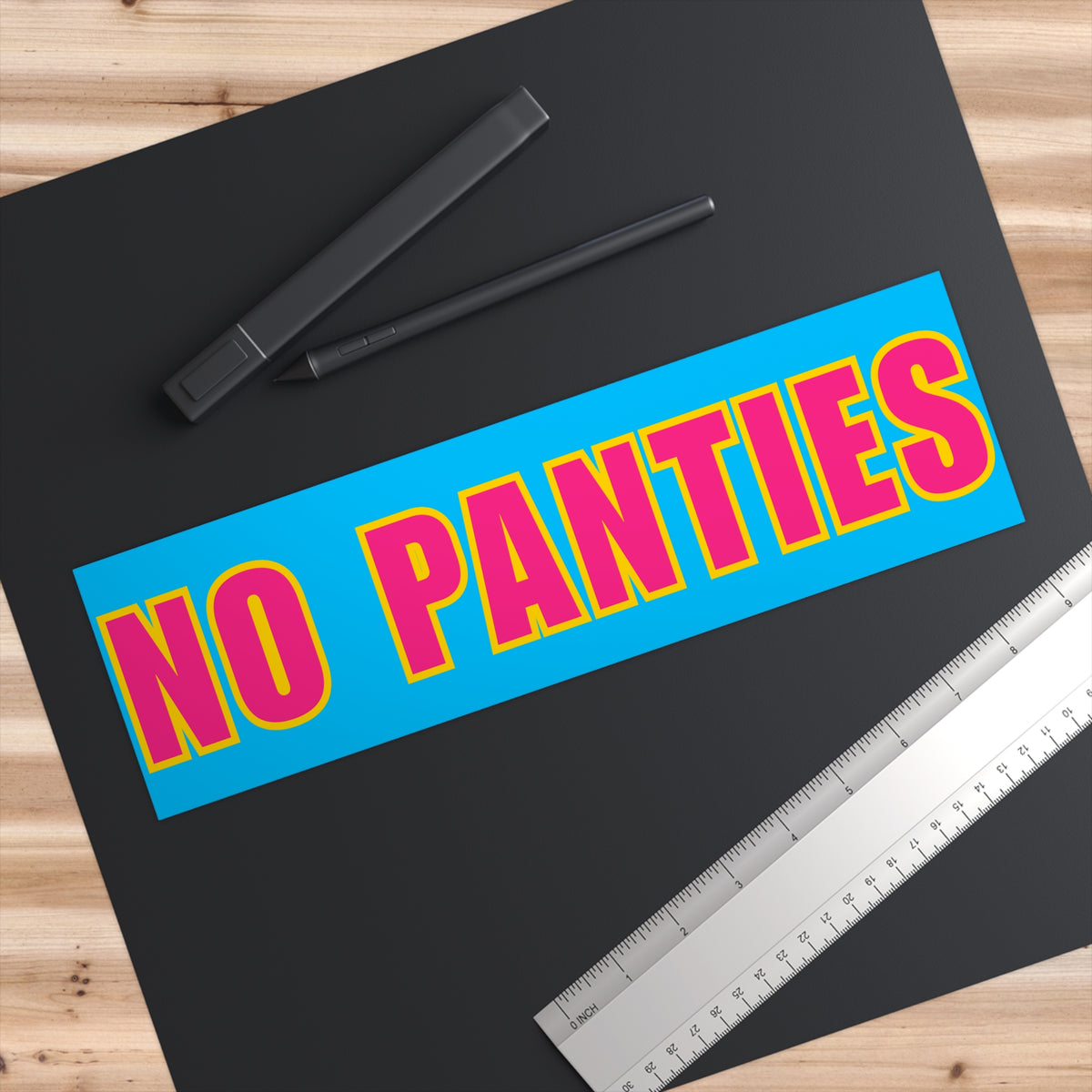 Bumper Sticker — "NO PANTIES" Bold Retro Decal (Bright Pink & Yellow on Blue)